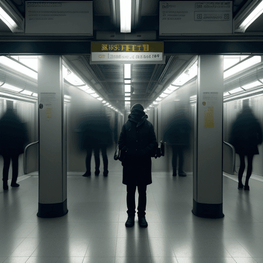 AI generated: create an image of a person standing alone in a subway station, under a single bright fluorescent li...