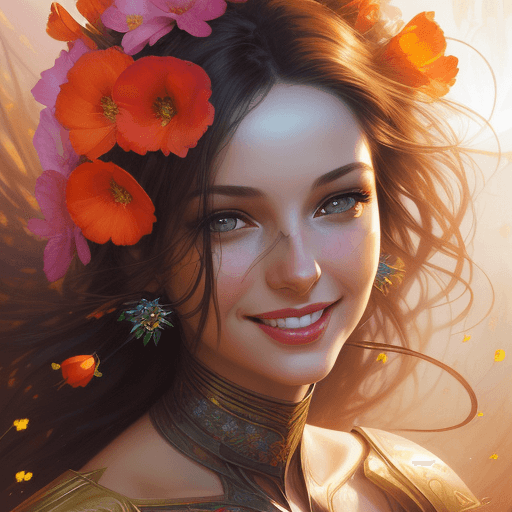AI generated: Beautiful Woman with a smile appears from colorful flowers, cinematic lighting, photo realistic, by ...
