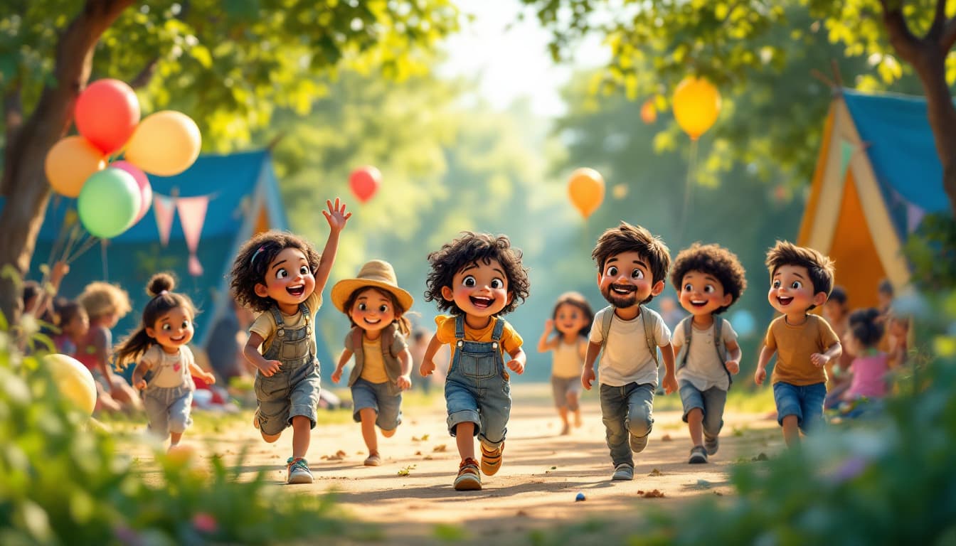 AI generated: "A lively summer camp scene featuring happy Indian kids aged 5-8 years, playing joyfully in a natura...