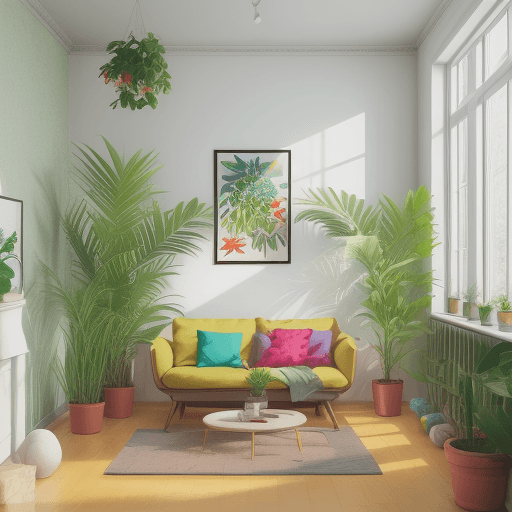 AI generated: disposable photography of diverse colorful plants decorated room, 8k, photo realism, --ar 4:3