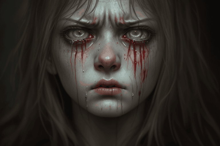 AI generated: woman, angry, crying blood insipired by Il canto dell'allodola, Sophie Anderson and Silent Hill beau...