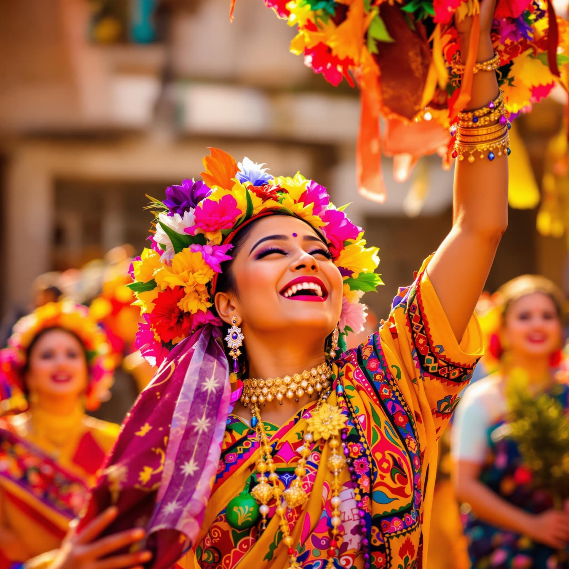 AI generated: The image captures a joyous moment, centered on a smiling woman dressed vibrantly in traditional clo...
