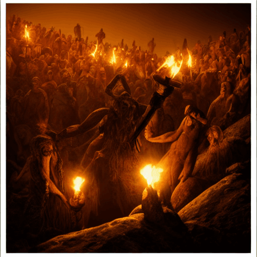 AI generated: a ritual of demons and witches with torches, on a bare mountain, at night, moonlight, gerard brom, i...