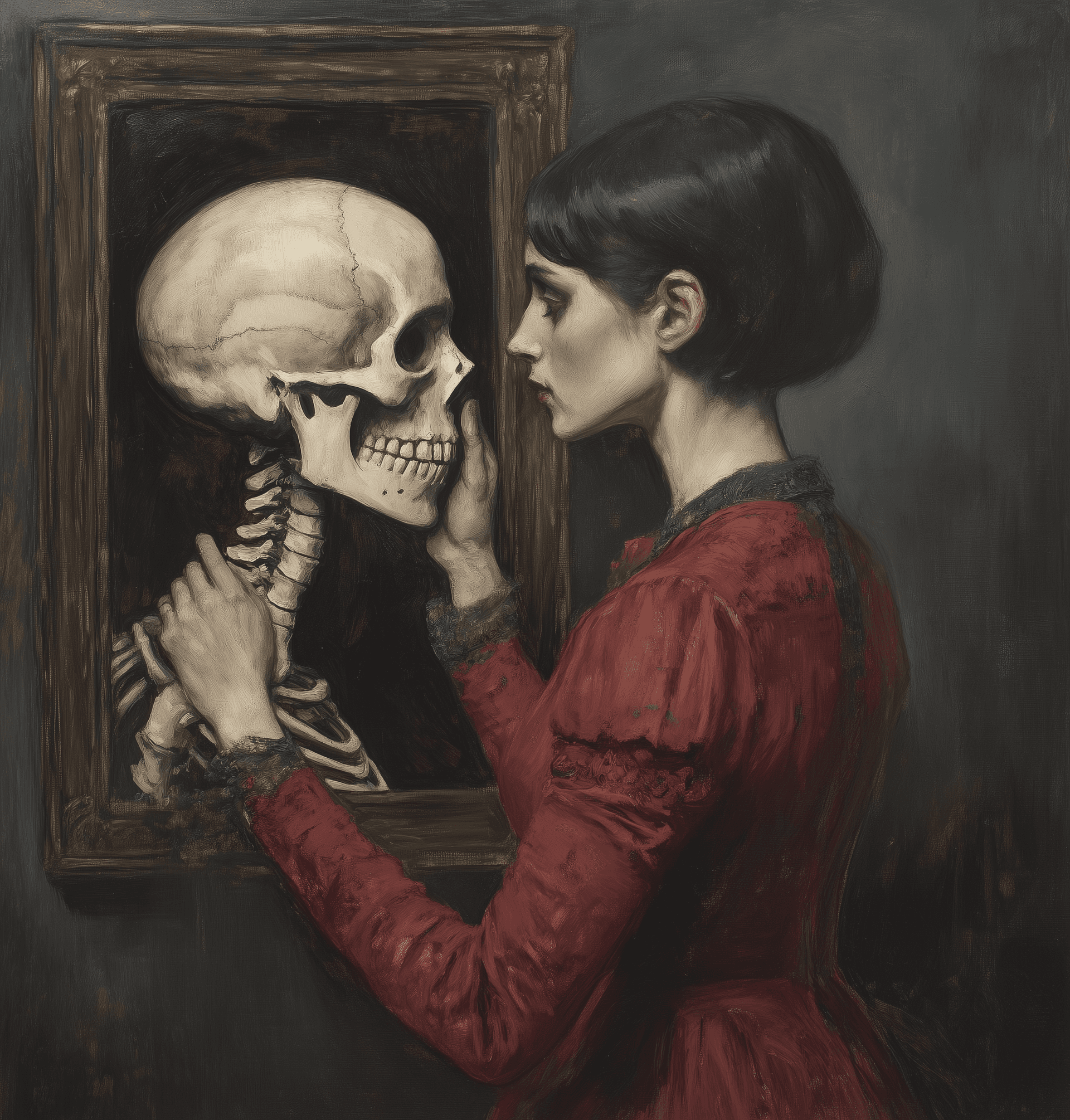 AI generated: A skeleton is holding the head of an attractive woman in its hand and looking at her through it. She...