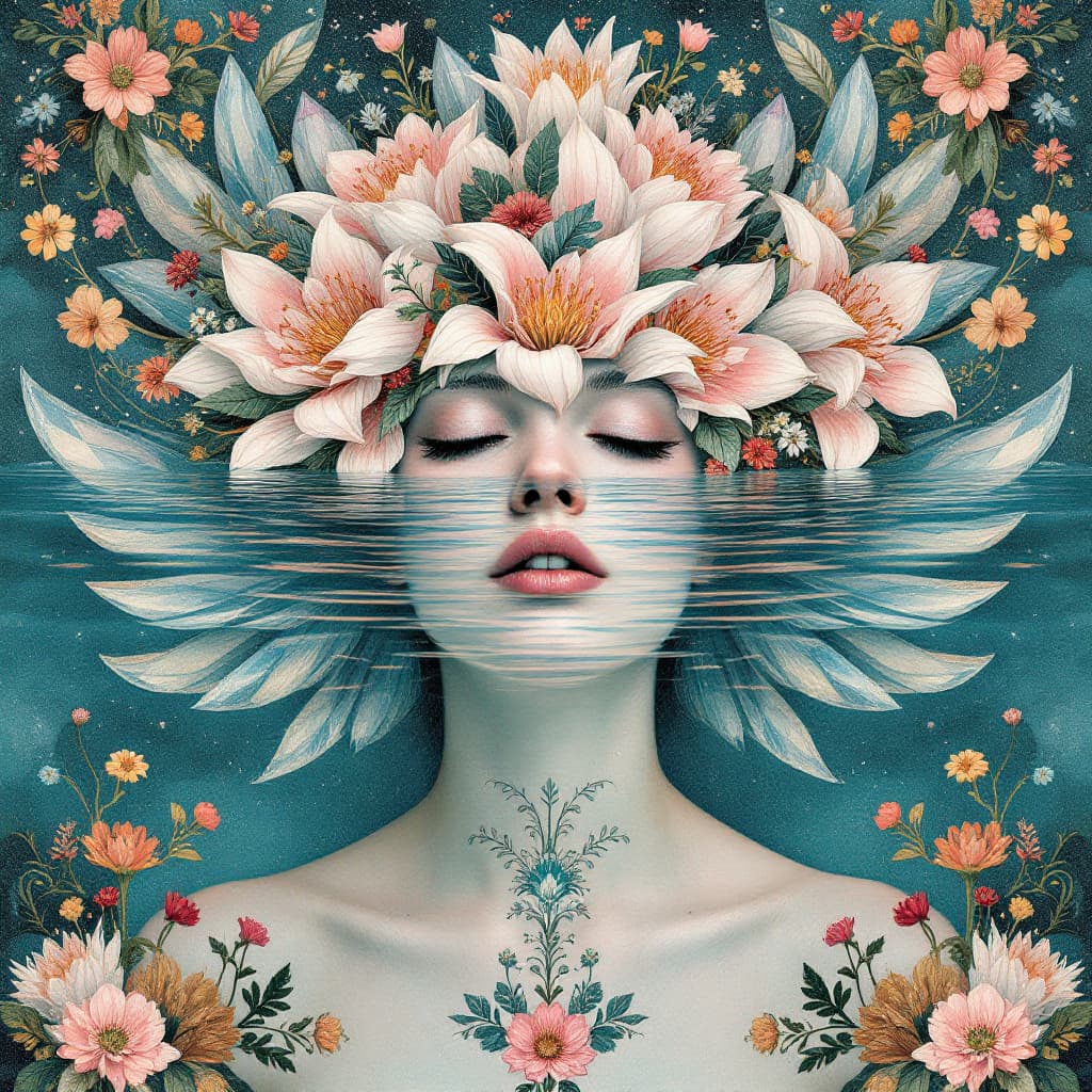 AI generated: a man with her head covered in water, in the style of art nouveau-inspired illustrations, colorful c...