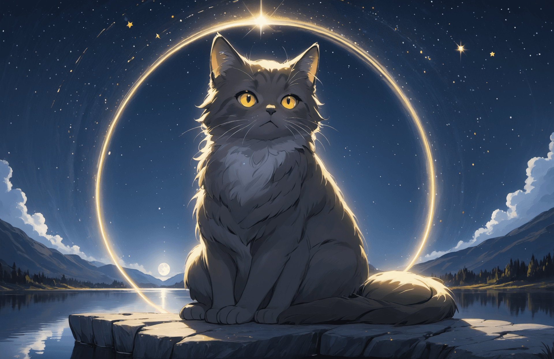 AI generated: ('young 1cat':1.2) with 'dark grey fur with white streaks', (symmetric face: 1.1), wise round golden...