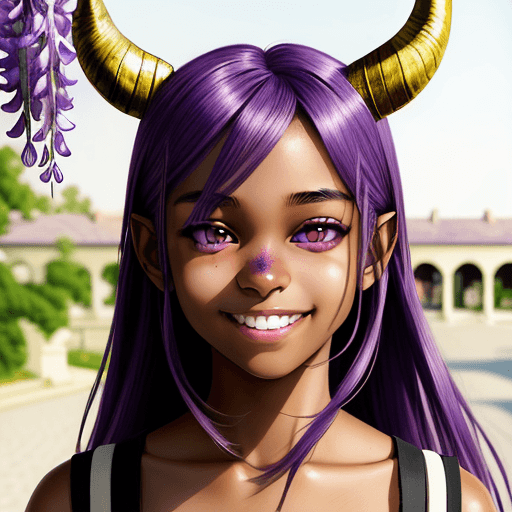 AI generated: portrait, nougat colored skin, teen, perfect face, wisteria purple eyes, perfect smile, manga, horns...