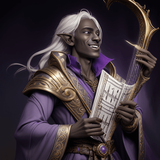 AI generated: Dungeons and Dragons 5e Male Half-Drow Bard, dark purple skin, chaotic neutral, airbrushed fantasy a...