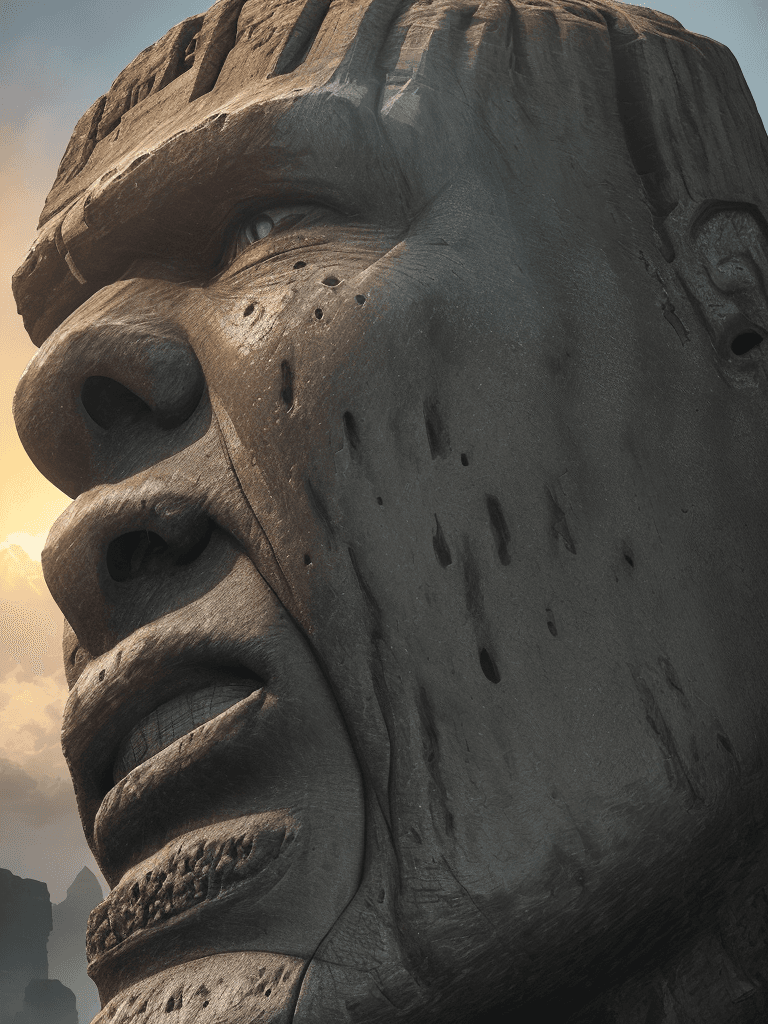 AI generated: Photo of a ultra realistic moai, one of the famed, giant stone, dramatic light, cinematic lighting, ...