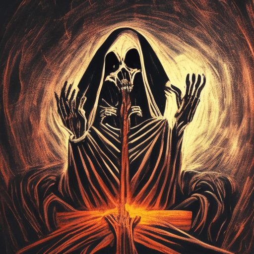 AI generated: the reaper, praying with the hands together, close up, sitting on a throne, at night black, color bl...