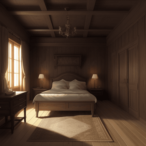AI generated: wooden room, detail rich, scenario to use in videos, background, bedroom, 8k, realistic, darken
