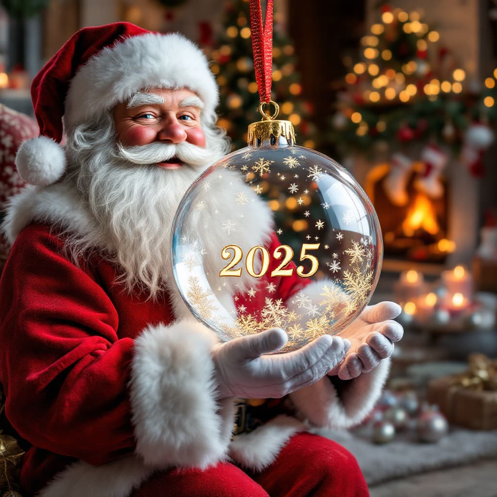 AI generated: A 3D representation of a real scene of Santa Claus sitting on a shelf. Santa Claus is holding a tran...