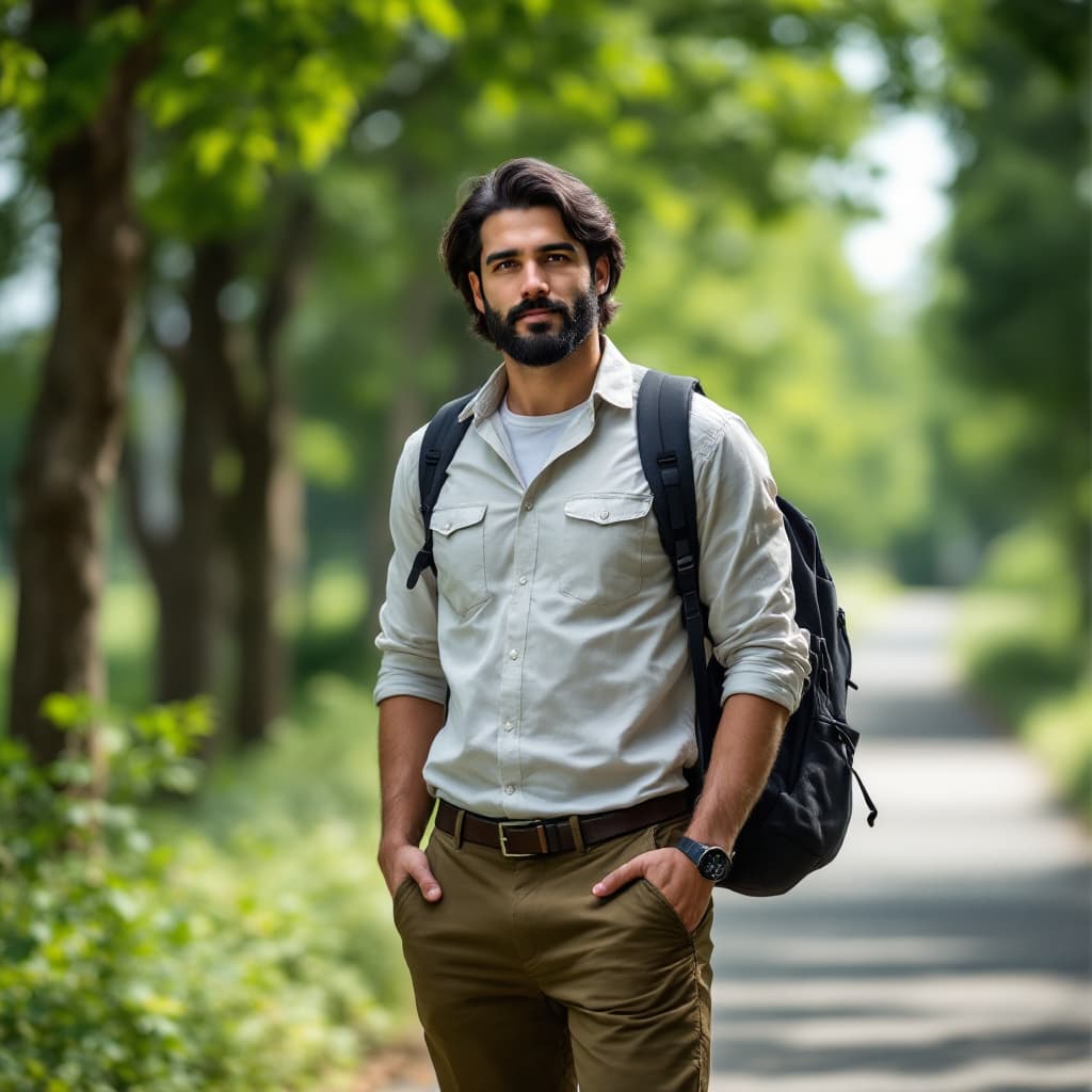 AI generated: A tall man with 6 foot height, medium length black hairs and medium long black beard. Wearing casual...