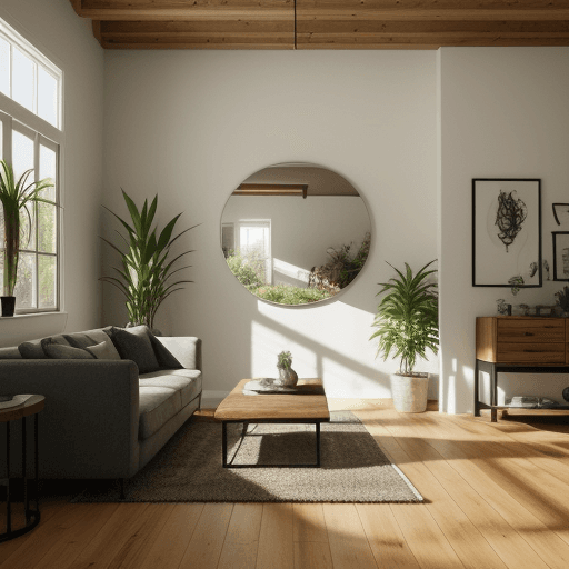 AI generated: Photo of a ultra realistic home spot, modern Californian style, big mirror placed on the floor with ...