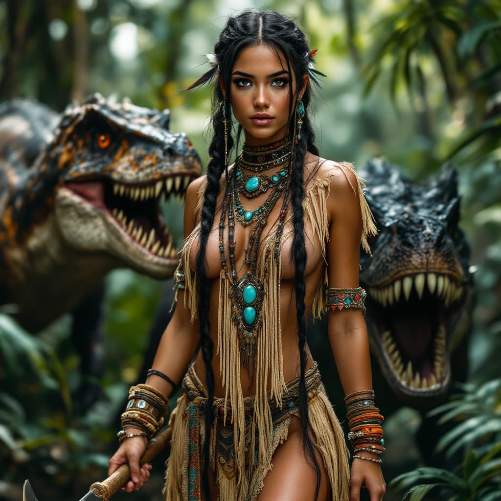 AI generated: Full body view a sexy young woman with long, dark hair styled in braids. She has a determined and fo...