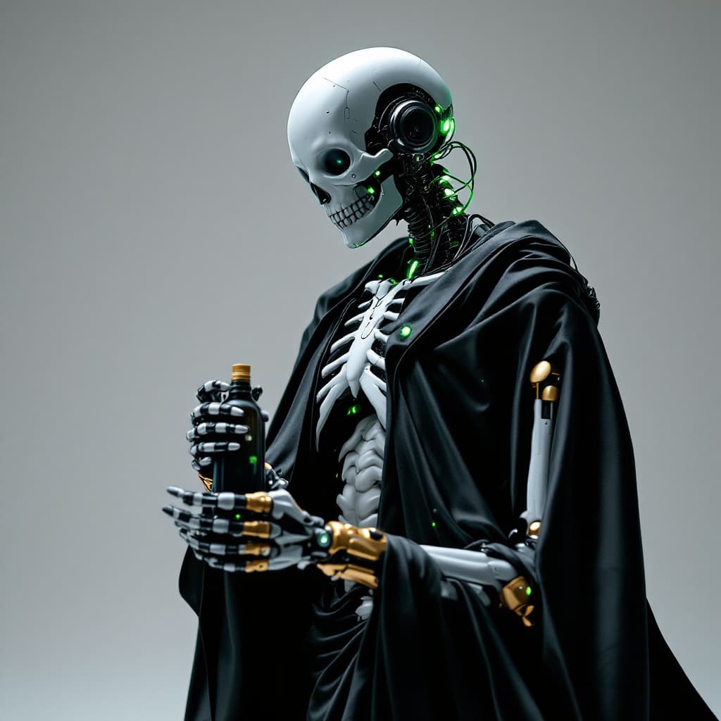 AI generated: futuristic skeletal figure, cyberpunk aesthetic, bottle, neon green accents, flowing black silk fabr...