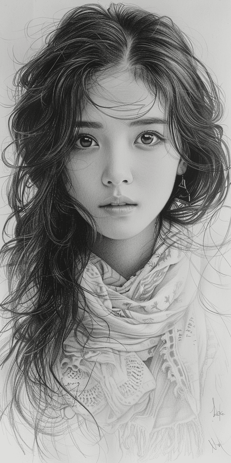 AI generated: A pencil sketch of an Asian girl with long hair, wearing white and scarves around her neck, a half-l...