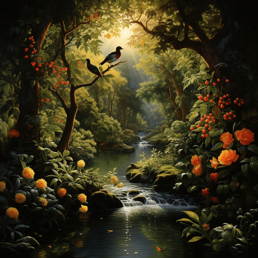 AI generated: Create an artistic representation of the Garden of Eden from the Book of Genesis, capturing its lush...