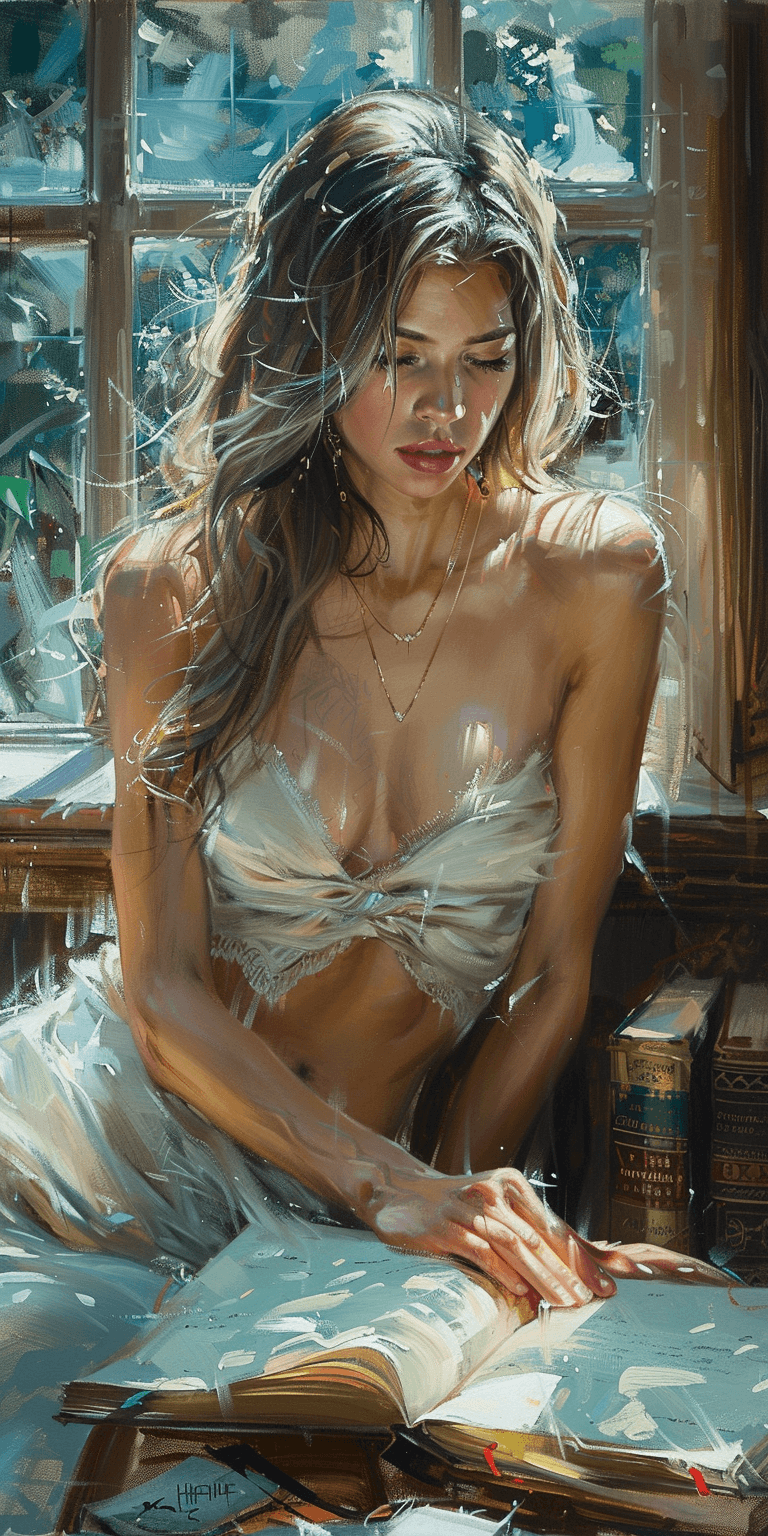AI generated: oil painting of a beautiful woman in a white dress sitting at desk reading a book by the window, sun...