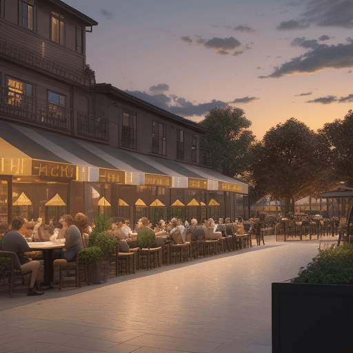 AI generated: Landscape design for a outdoor café and restaurant  , golden hour. Architectural photography. 14mm. ...