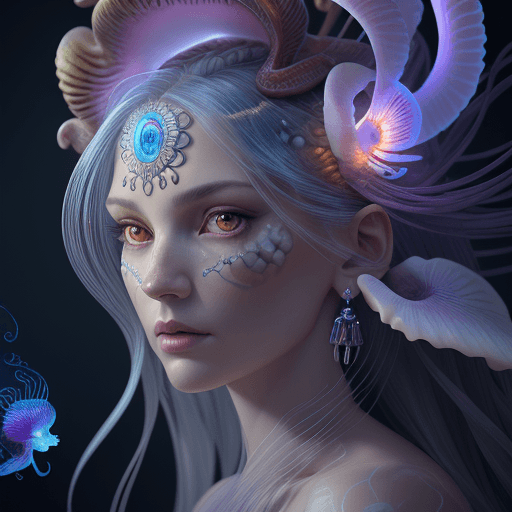 AI generated: Goddess close-up portrait ribcagel. jellyfish phoenix head, nautilus, orchid, skull, betta fish, bio...