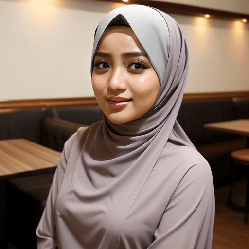 AI generated: gadis cantik mengenakan hijab,berdiri di lantai cafe
