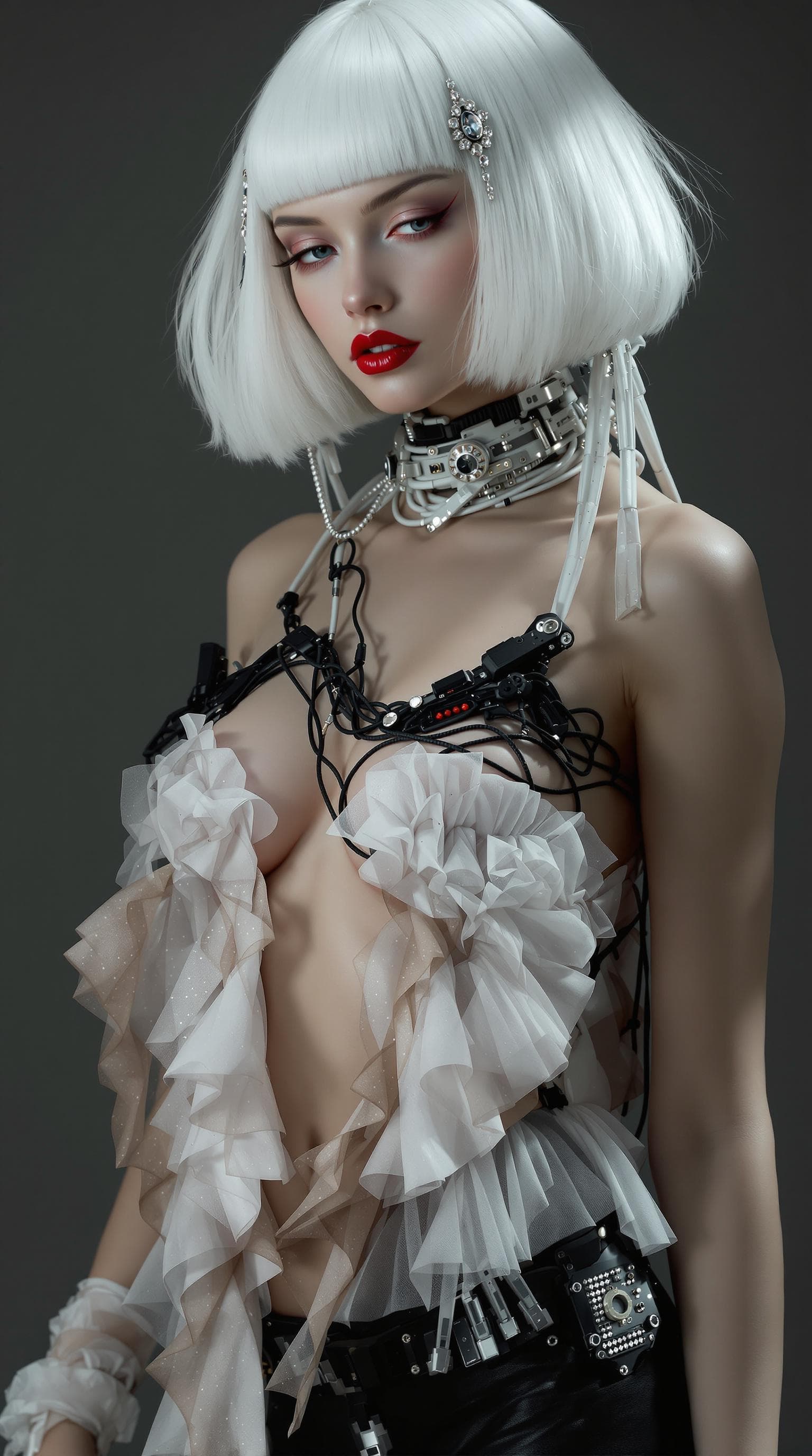 AI generated: A royal beautiful futuristic cyborg woman with white bob hair and red lips,  flat chest, wearing bla...