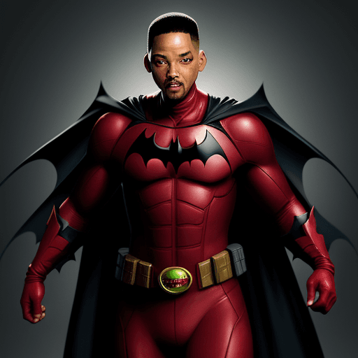 AI generated: WILL SMITH IN A RED BATMAN SUIT 
