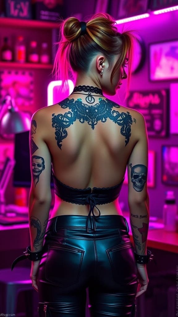 AI generated: "Whole body portrait, a bold and edgy portrait of a tattoo artist working in a vibrant, neon-lit stu...
