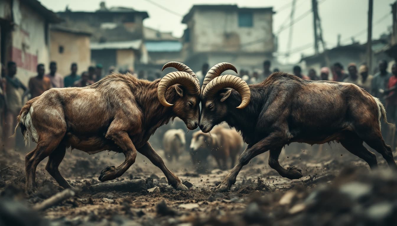 AI generated: A striking, high-resolution image capturing two rams locked in an intense battle, their powerful hor...