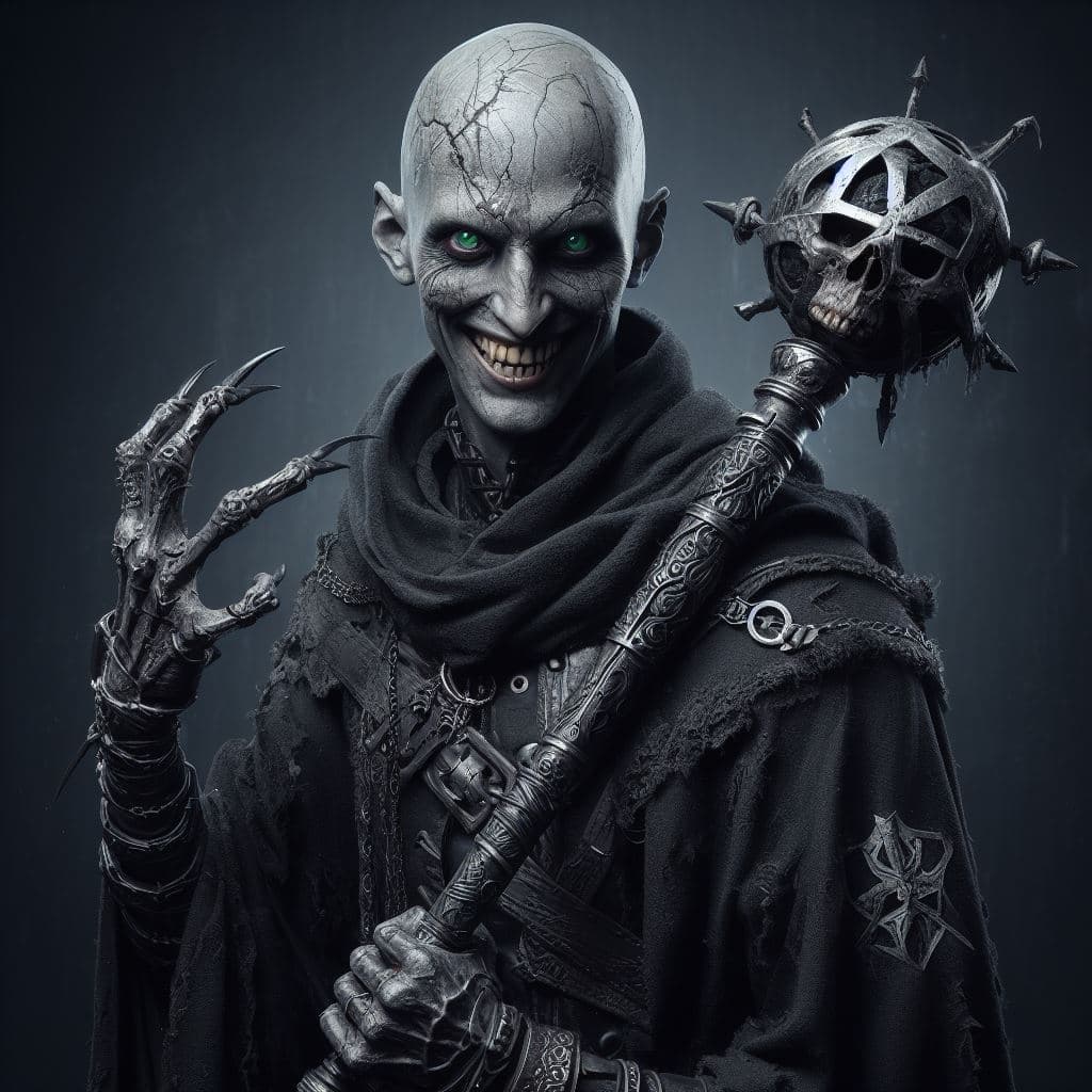 AI generated: Ultra-detailed necromancer, a scary young man with a maniacal smile, crazed green eyes, bald head, w...
