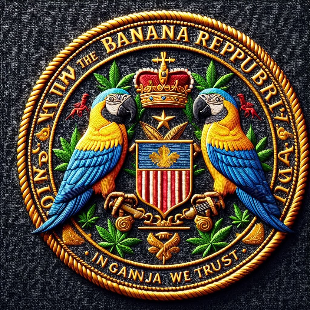 AI generated: the official seal of "THE PRESIDENT OF THE BANANA REPUBLIC","IN GANJA WE TRUST", a parrot as the sta...