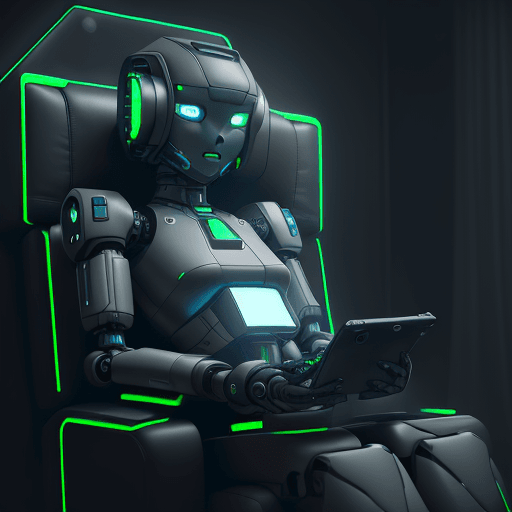 AI generated: futuristic lonely matte dark gray and glossy translucent green and blue full-body humanoid robot wit...