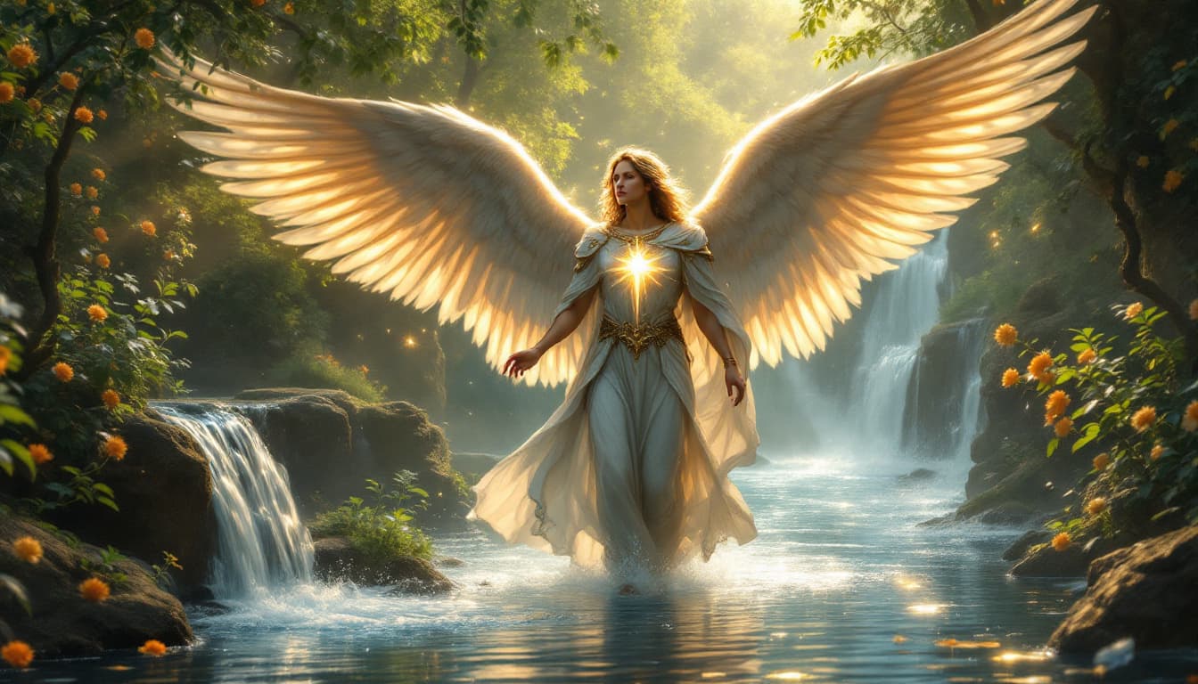 AI generated: ,serenity,surrounded by divine light in a medieval ..aarhangel michael  with shinnig in chest  besid...
