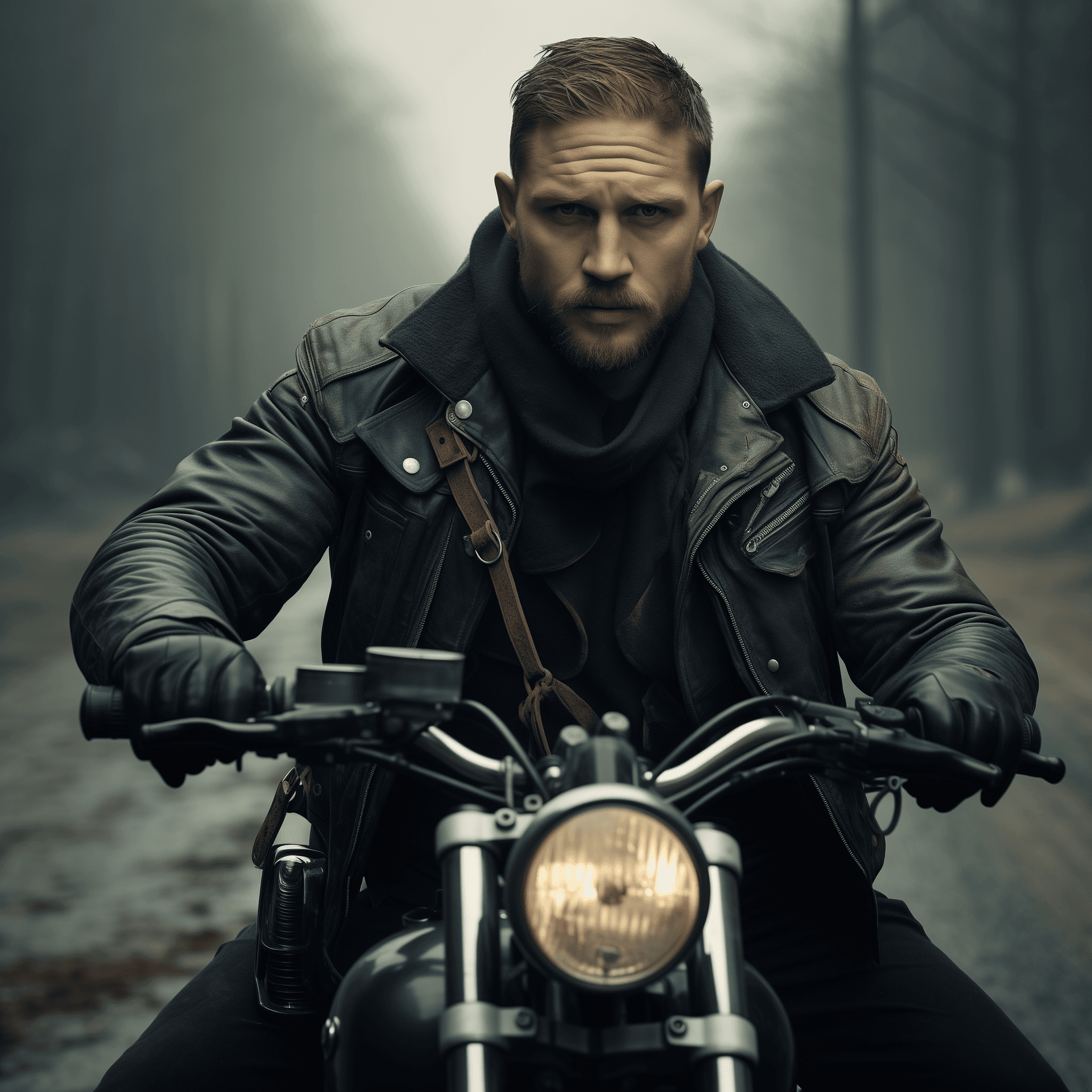 AI generated: tom hardy riding a motorcycle, high quality photography 