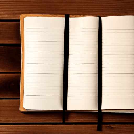 AI generated: open notebook with blank pages on a wooden floor

