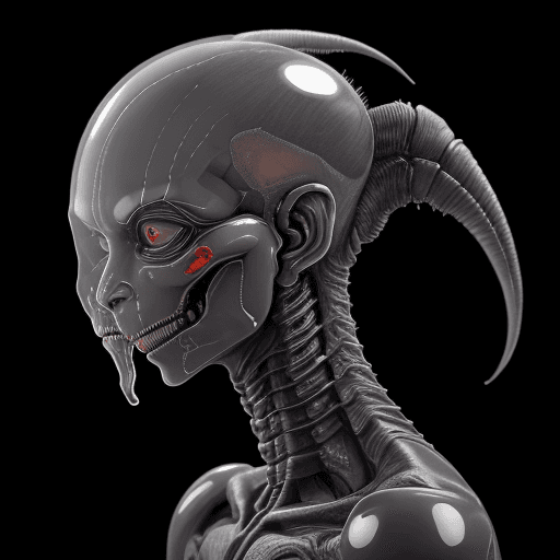 AI generated: human/xenomorph hybrid, with curved elongated cranial piece on which is painted Thai lettering, alph...