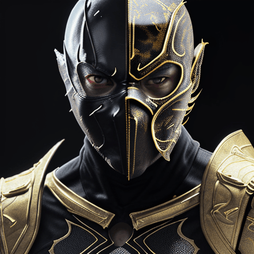 AI generated: scorpion from mortal kombat, covered in gold porcelain skin, white glowing eyes, ninja mask. wearing...