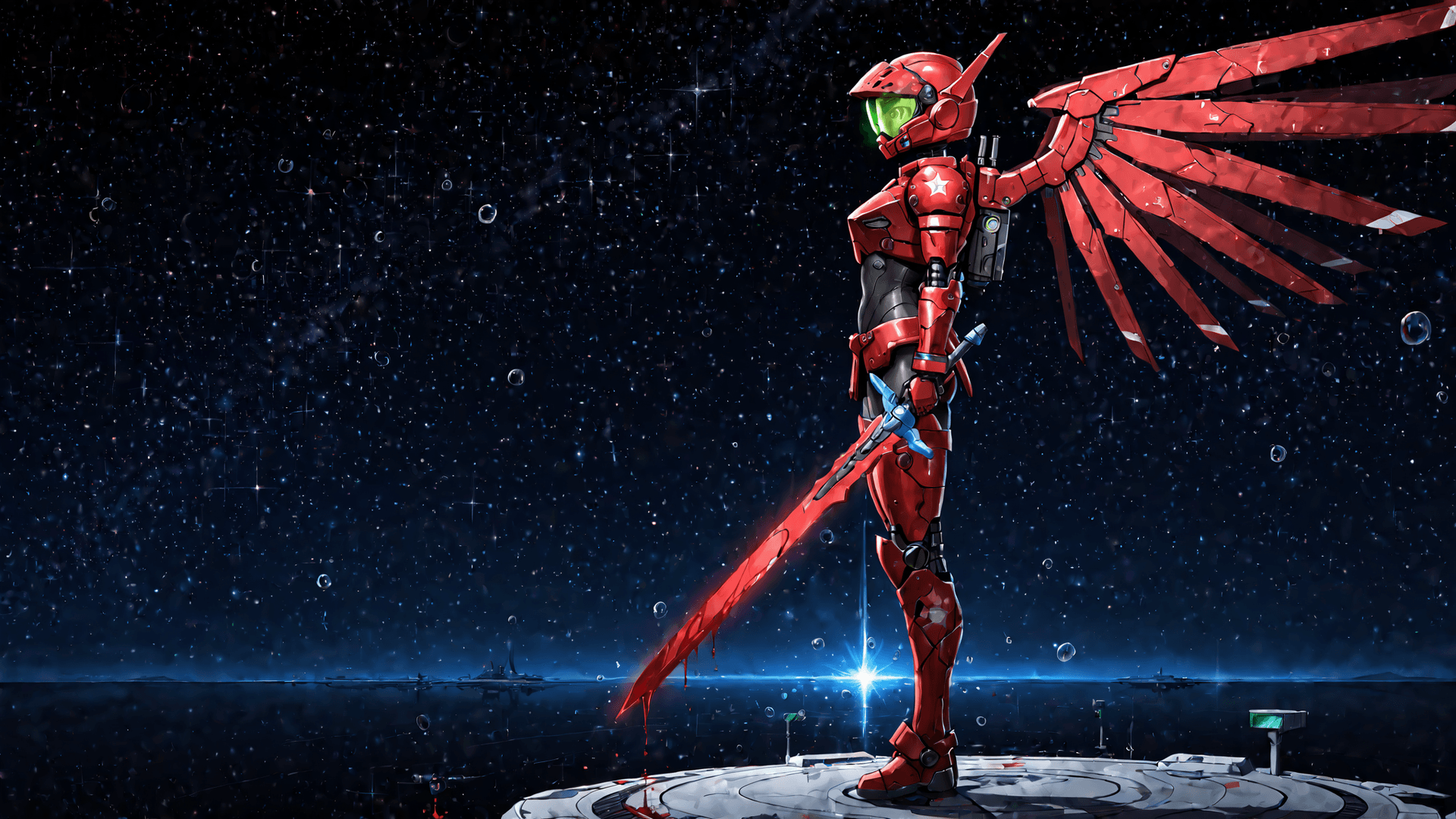 AI generated: female warrior in futuristic battle-damaged blood red mech armor, standing on the outer hull of a ma...