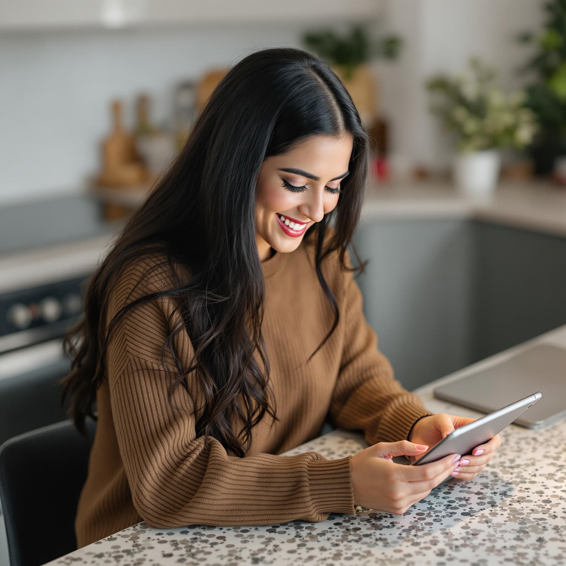 AI generated: A happy young persian woman with long dark hair wearing a brown sweater sitting at a kitchen counter...