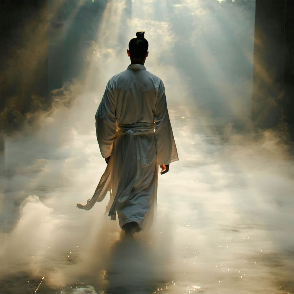 AI generated: A fine art, hyper-realistic, cinematic image of a man wearing a white long cotton robe with a sash, ...