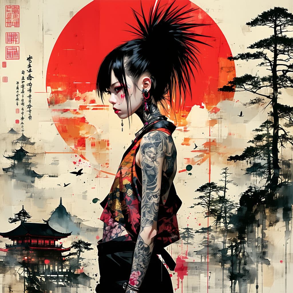 AI generated: A striking and captivating illustration of a Japanese punk woman, adorned with traditional tattoos t...