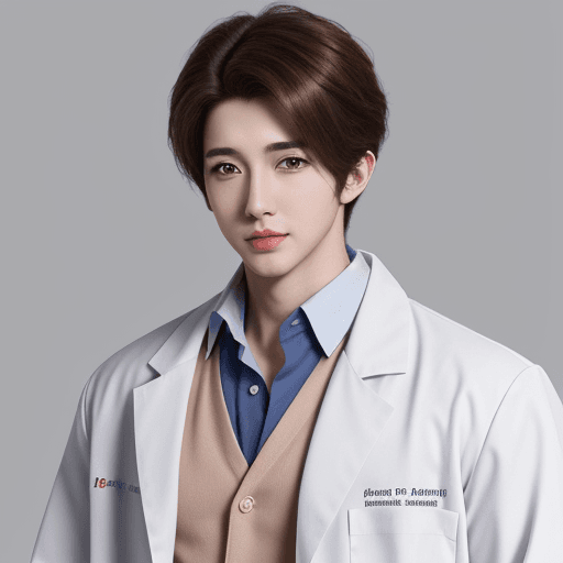 AI generated: young male handsome doctor, white lab coat,  white skin, brown hair, anime style, 4k