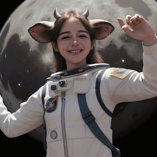 AI generated: Un astronauta en la luna, su cabeza es de una vaca, la vaca tiene estilo alegre. Es una foto tomada ...