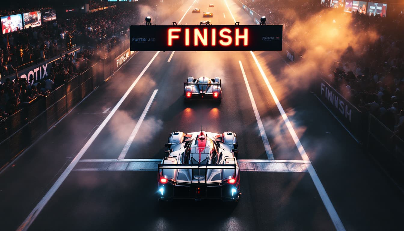 AI generated: The wide track is well lit by the sun.  Tension is increasing. FINISH banner over the wide track and...