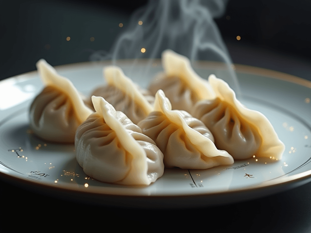 AI generated: A hyper-realistic close-up of a steaming plate of freshly made dumplings, their soft, translucent sk...