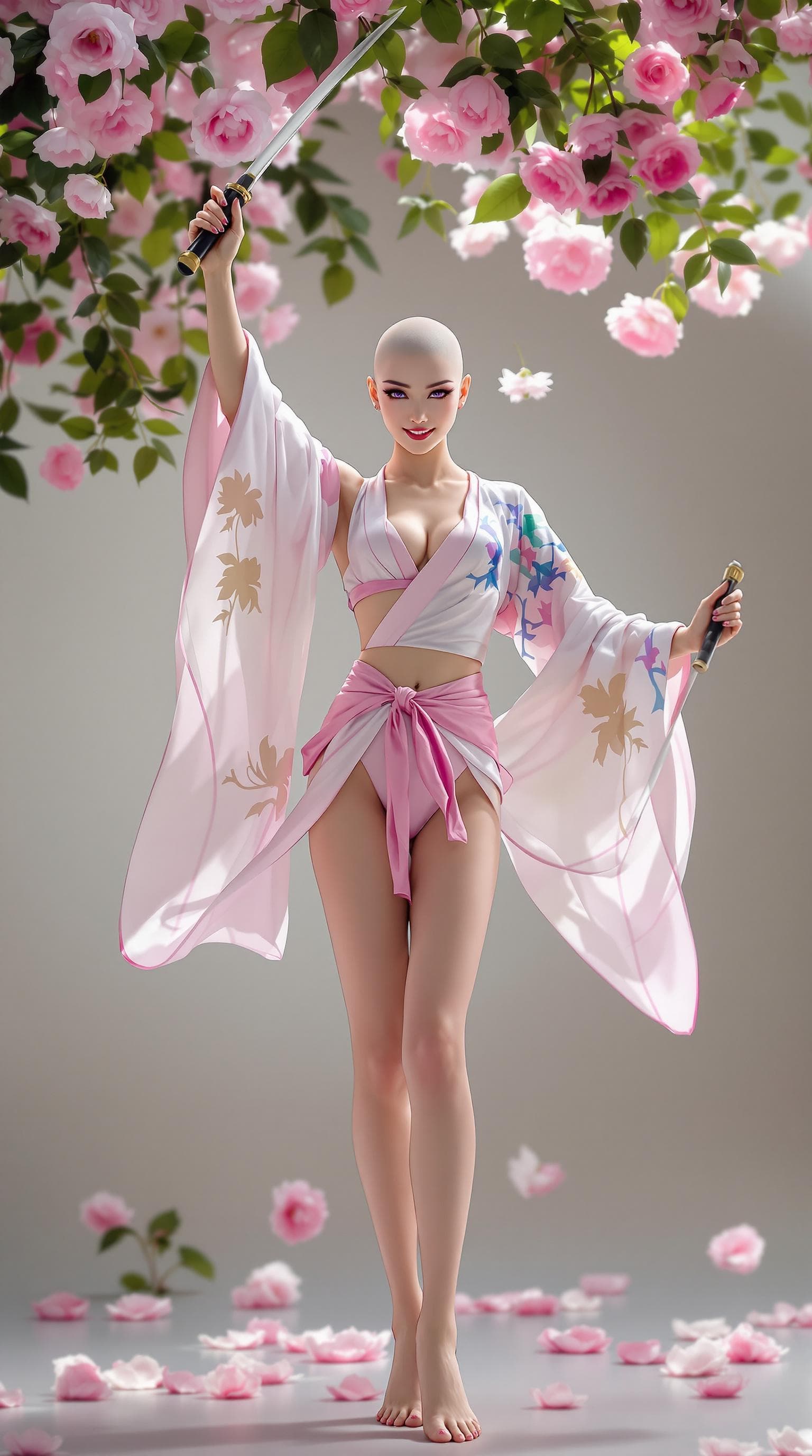 AI generated: Full body view of A nimble female performer stands poised on her long, bare legs and bald head. Her ...