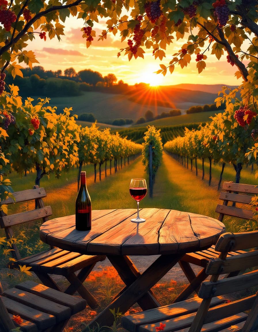 AI generated: Une scène intime dans un vignoble, une table en bois avec un verre de vin rouge au centre, entourée ...