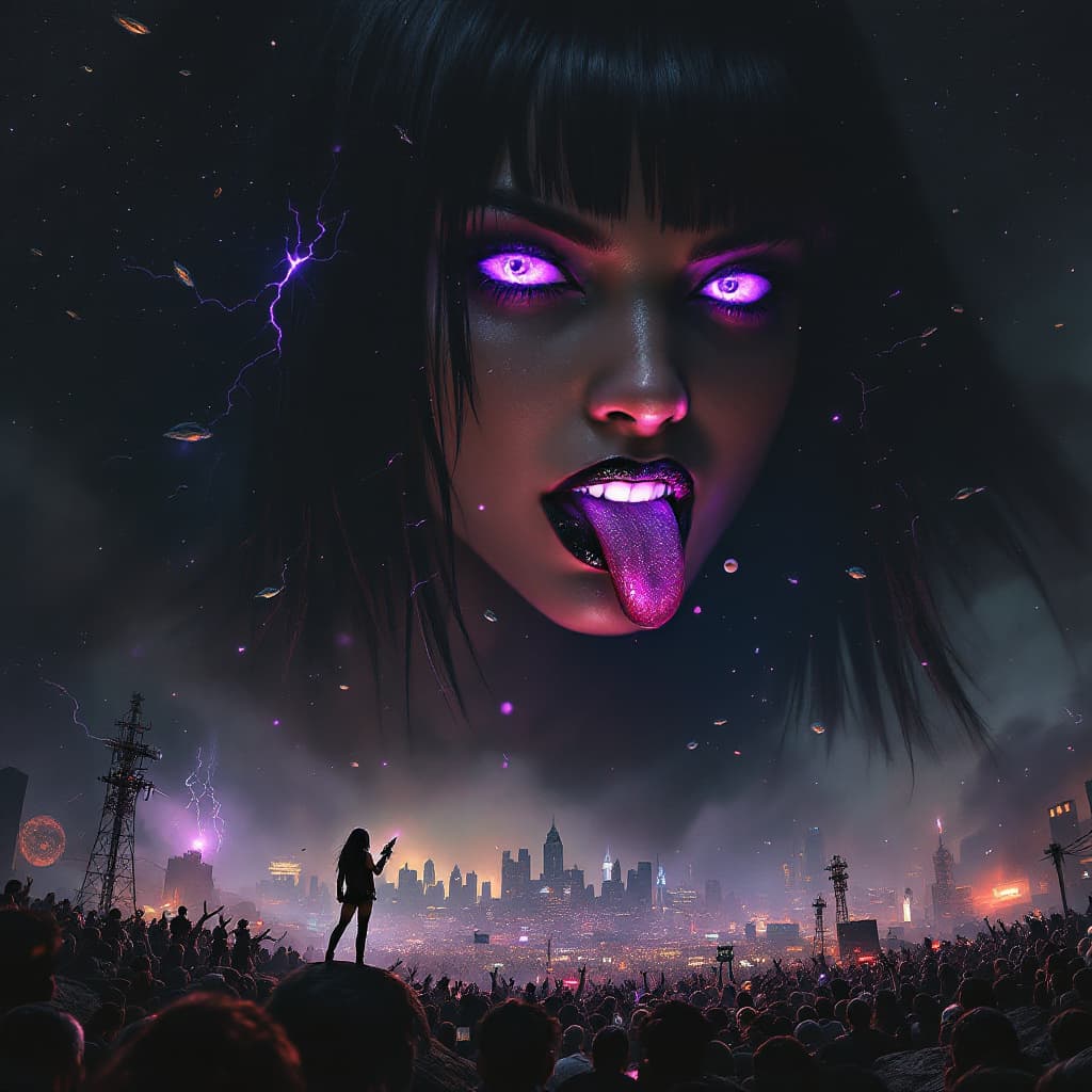 AI generated: enormous giantess female who looks exactly like WWE superstar 
 Rhea Ripley with black medium length...