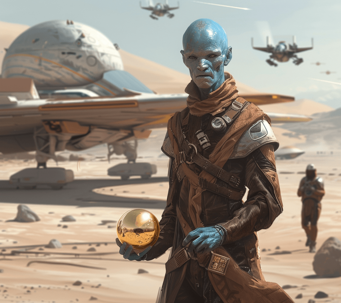 AI generated: A blue-skinned alien with no hair and wearing brown leather, holding an ancient golden orb, stands o...